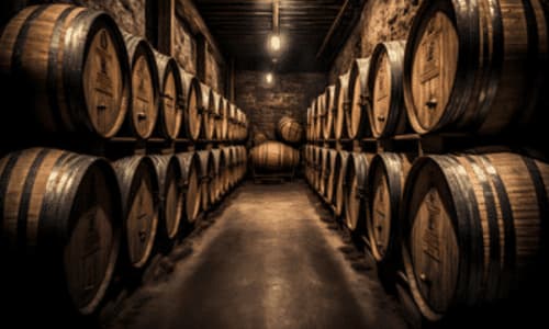 delle botti di legno contenenti vino in una cantina
